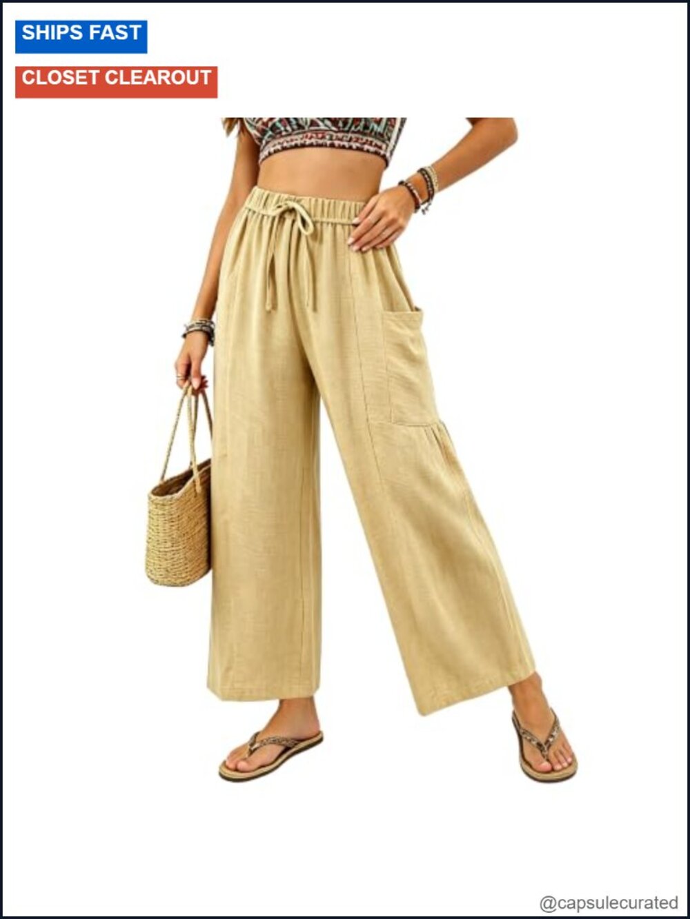 Wide Leg Cropped Pants Drawstring Casual Palazzo Pants Loose Flowy Lounge